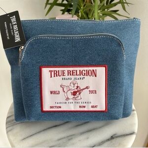True Religion Blue Denim Pouch with Logo Patch/ cosmetic bag